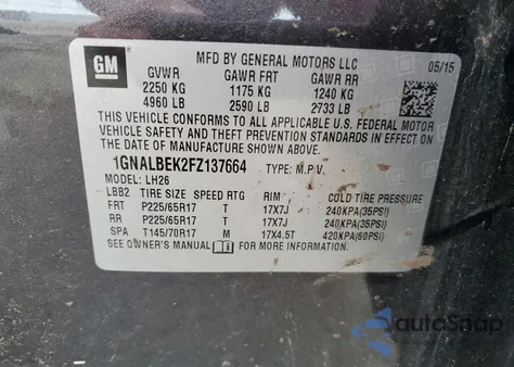 2015 Chevrolet Equinox Lt из США, поврежденный, VIN 1GNALBEK2FZ137664